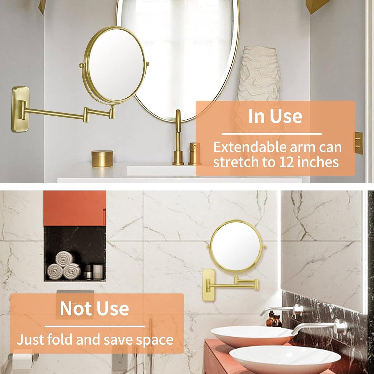 Touch dimbare verlichte make-upspiegel met verlichting en vergroting, hardwired dubbelzijdige badkamer muur gemonteerde uitschuifbare LED make- upspiegel,Messing,5X