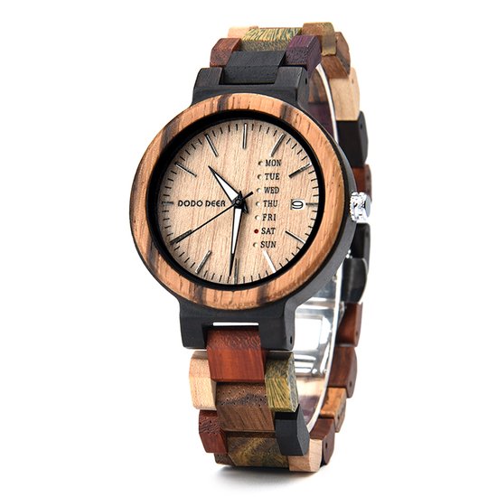 HO23-A22.3r - donker houten horloge, houten schakelband, beige wijzerplaat, dag en datum, horlogesluiting ** KADO edelsteen armband