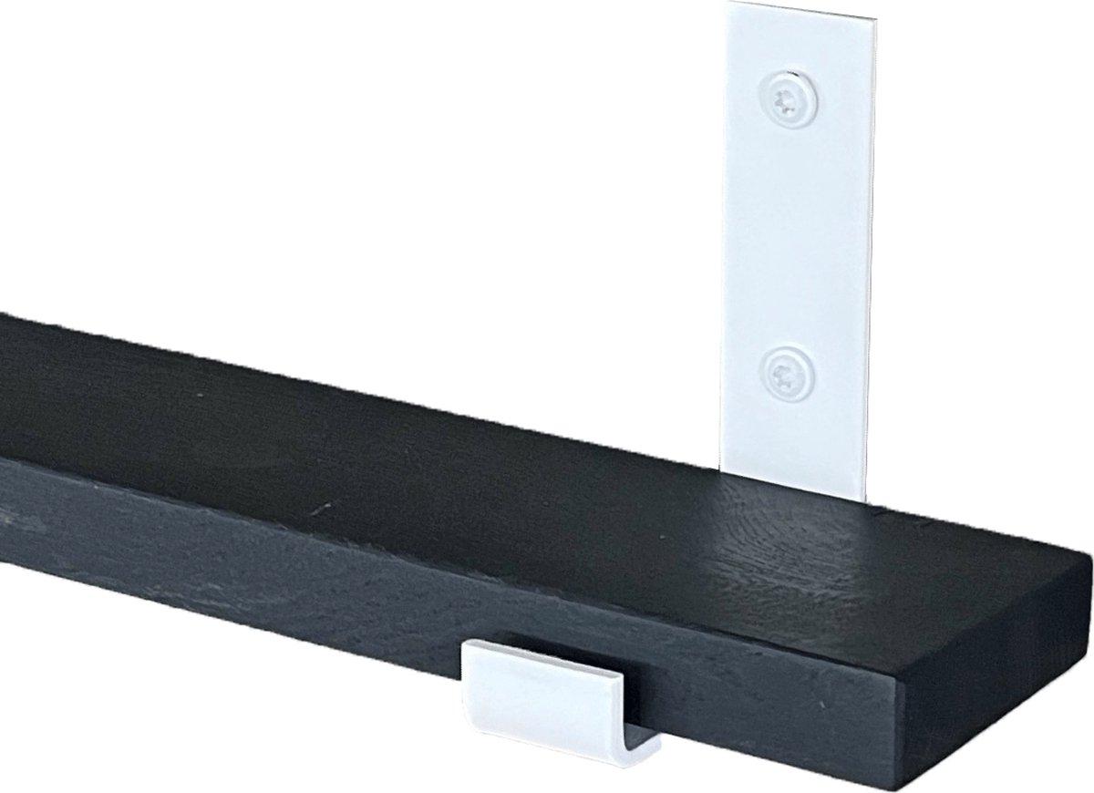 GoudmetHout Wandplank Industrieel - 220 x 10 cm Muurplank - Zwart Eiken Hout - Decoratie Wandrek & Boekenrek - Hangplank Keuken - Wall Shelf + 2 Mat Witte Plankdragers van Staal
