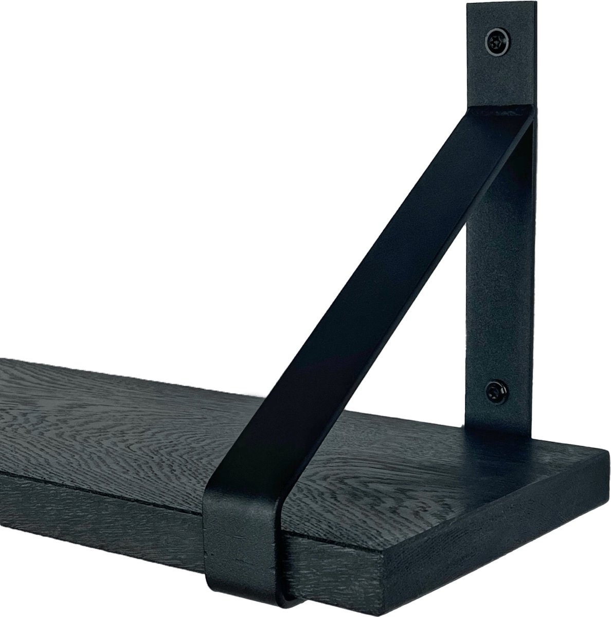 GoudmetHout Wandplank Industrieel - 200 x 20 cm Muurplank - Zwart Eiken Hout - Decoratie Wandrek & Boekenrek - Hangplank Keuken - Wall Shelf + 2 Mat Zwarte Plankdragers van Staal Zwart - Mat zwart - 20 cm