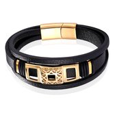 Mendes Jewelry Luxe Heren Armband in Zwart Leer met Gouden Elementen-21cm