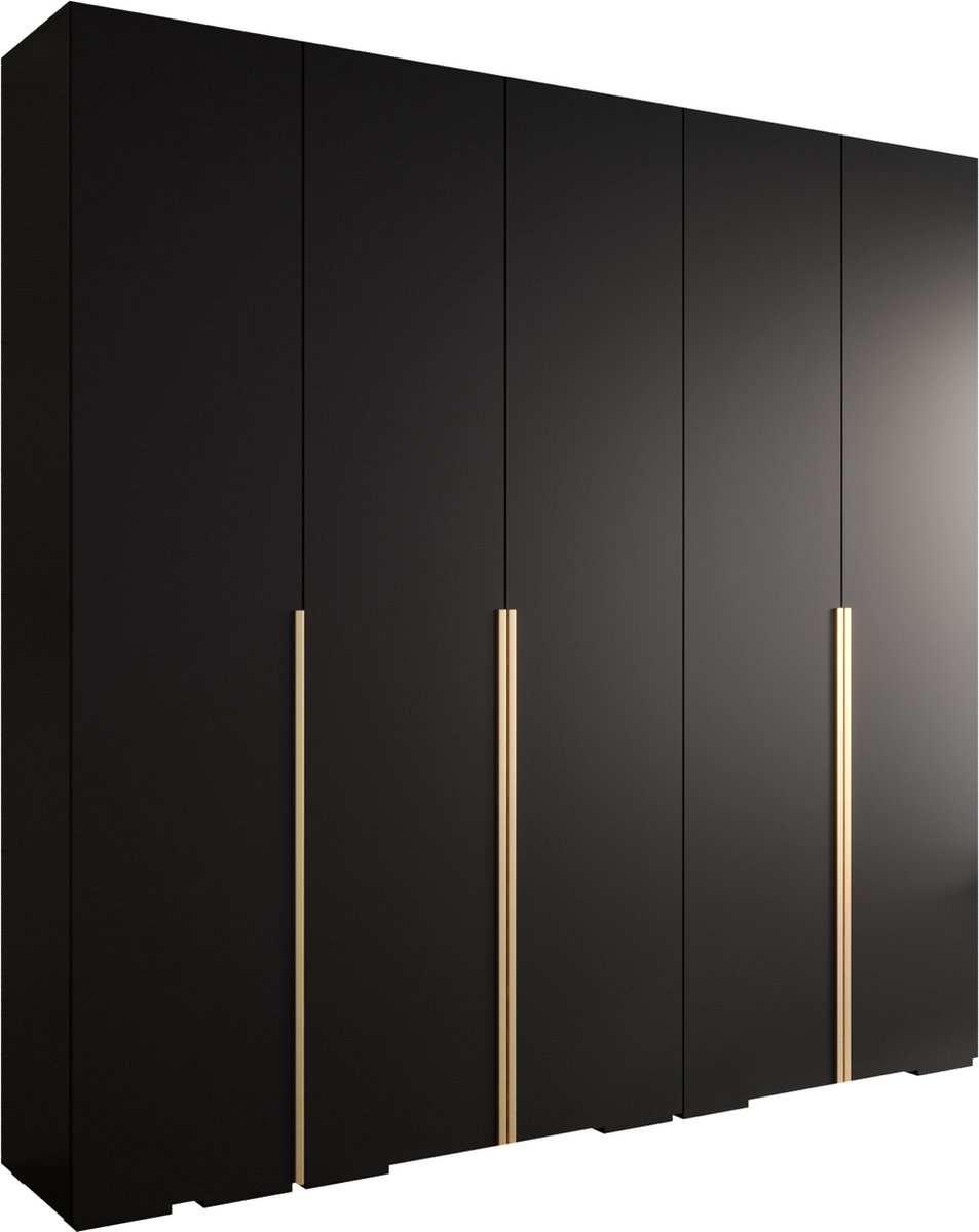 AJE Meubles B.V. Opbergkast Kledingkast met 5 draaideuren Garderobekast slaapkamerkast Kledingstang met planken | Gouden Handgrepen, elegante kledingkast, glamoureuze stijl (LxHxP): 250x237x47 cm - IVONA 1 (Zwart, 250 cm)