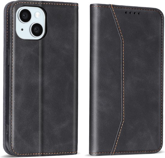 Zwart lederen iPhone telefoonhoesje met oranje stiksels, open en gesloten getoond.