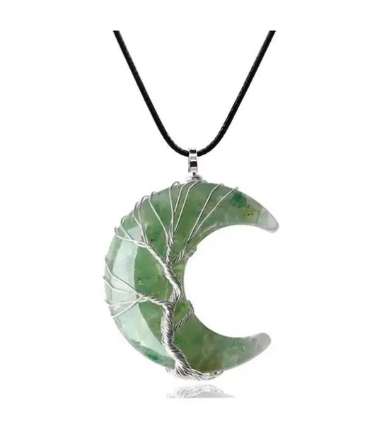 ASTRADAVI Kristal Halve Maan - Hanger - Positieve Energie Chakra Kristal Edelstenen - Zilverkleurige Kooi - met Zwart Vegan Lederen Koord - Groene Aventurijn - Cadeau Idee