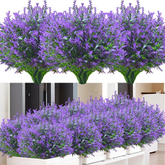 Kunstbloemen voor buiten, 12 bundels, lavendel, kunstbloemen, weerbestendige balkonplanten, struiken voor buiten, binnen, balkon, balkonbak, bloembak, paars
