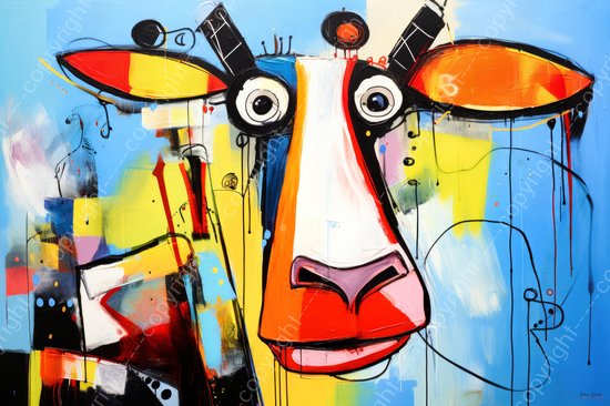 JJ-Art (Canvas) 90x60 | Gekke koe, abstract, Herman Brood stijl, kleurrijk, kunst | dier, stier, wit, rood, blauw, geel, oranje, wit, modern | Foto-Schilderij canvas print (wanddecoratie)