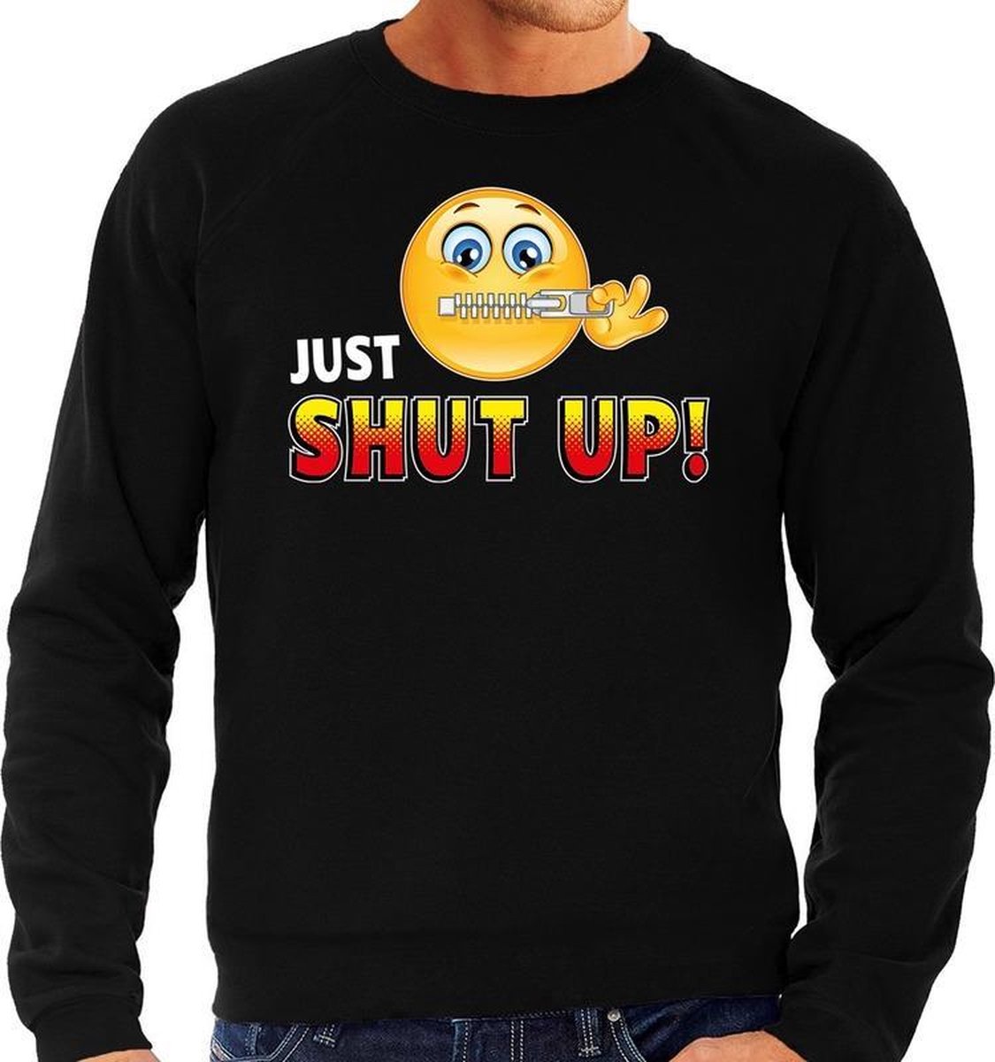 Afbeelding van product Bellatio Decorations  Funny emoticon sweater Just shut up zwart voor heren - Fun / cadeau trui XXL  - maat XXL