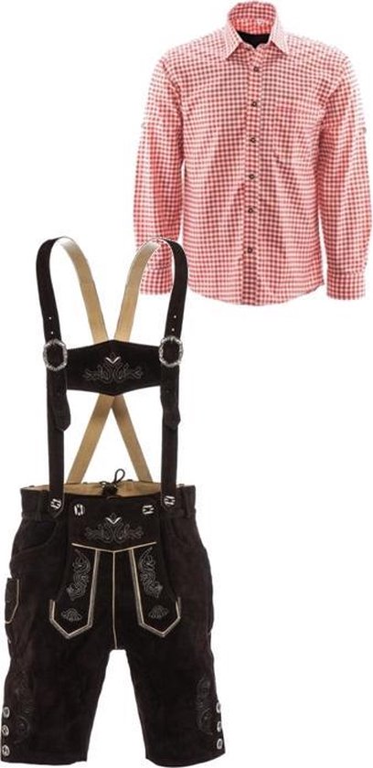 Lederhosen set | Top Kwaliteit | Lederhosen set G (Peter broek + rood overhemd), 52, XXL