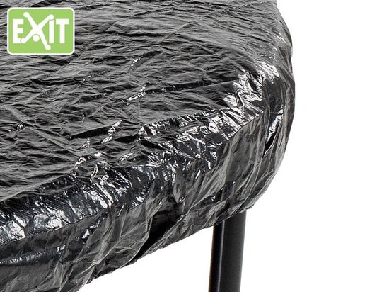 Zwarte trampoline afdekhoes, gedetailleerde hoek met EXIT logo.