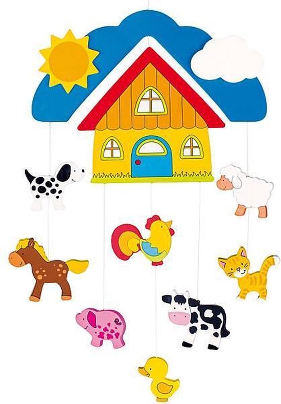 Houten boerderijmobiel met zon, wolken, hond, schaap, haan, kat, koe, olifant, paard en eend.