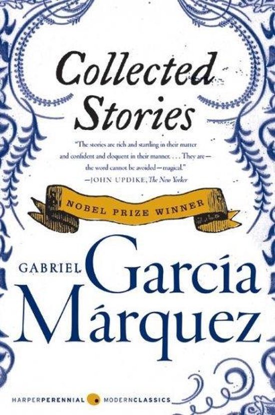Histoires Collectées de Gabriel García Márquez, lauréat du prix Nobel. Livre avec bordure décorative bleue.