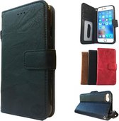 Suede look gevlamd zwart boekhoesje iPhone 5/5S/SE met vakje voor pasjes geld en een fotovakje en polsbandje