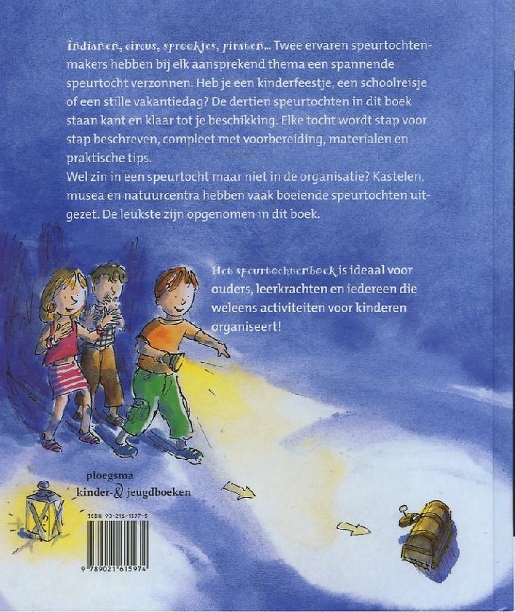 Achterkant boek "Het Speurtochtenboek" met illustratie van kinderen die een schatkist en lantaarns ontdekken.