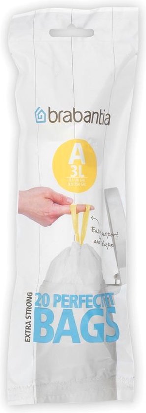 Verpakking van 20 Brabantia Perfect Fit Afvalzakken maat A (3L), met gele trekbandjes.
