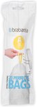 Verpakking van 20 Brabantia Perfect Fit Afvalzakken maat A (3L), met gele trekbandjes.