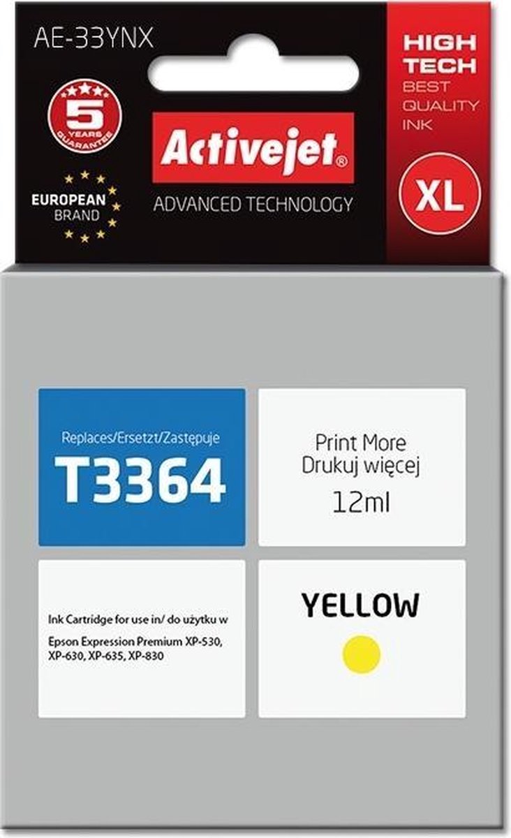 ActiveJet AE-33YNX-inkt voor Epson-printer, Epson 33XL T3364-vervanging; Opperste; 12 ml; geel.