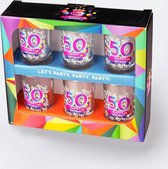 Verjaardag -  6 Happy Shot glasses - 50 Happy Birthday - In cadeauverpakking met gekleurd lint