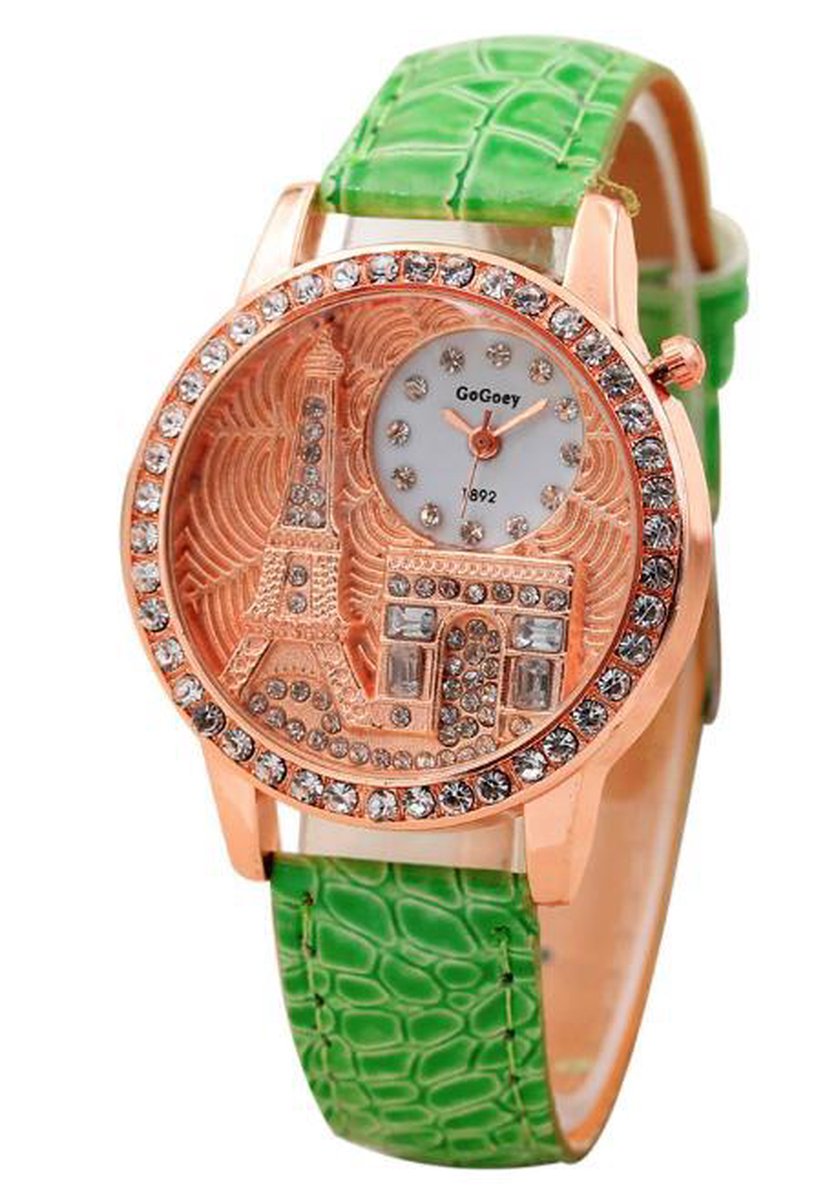 Hidzo Horloge Parijs - Ø 38 mm - Groen - Kunstleer - In Horlogedoosje
