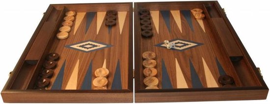 Boek: Walnoothout Backgammon - Blauwe  inleg, 48 x 60 x 4 x 8 cm, geschreven door ubergames
