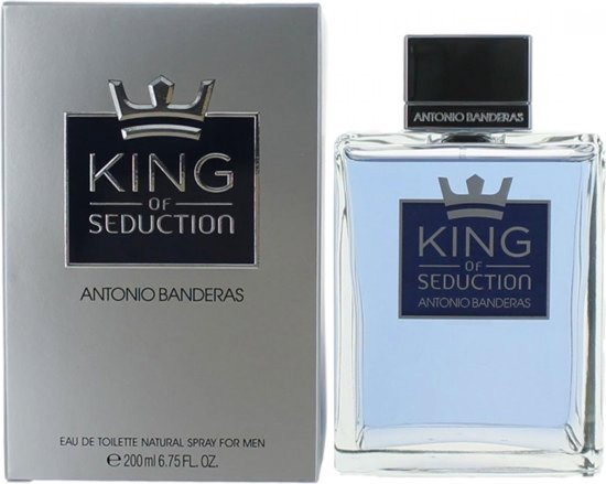 Doos en fles King of Seduction Antonio Banderas Eau de Toilette Natural Spray for Men 200ml met zilveren en blauwe accenten.