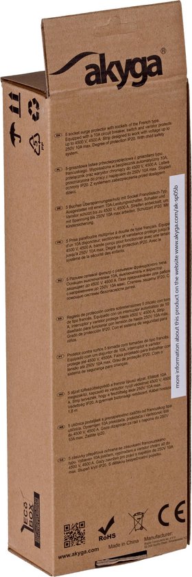 Akyga AK- SP-05B Protection contre les surtensions 5 sortie (s) CA 250 V 3 m Zwart
