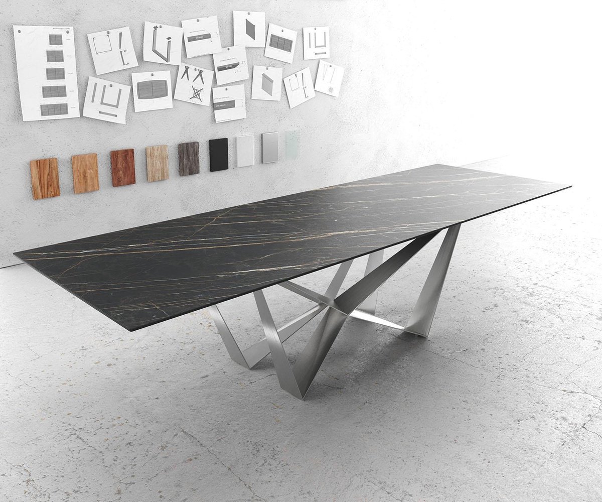 DELIFE Eettafel Edge Laminam® keramiek bruin 300x100cm middenvoet vlak staal zilver