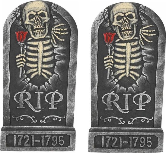 Foto: Set van 2x stuks horror kerkhof decoratie grafsteen rip skelet met roos 32 x 65 cm halloween feestdecoratie en versiering