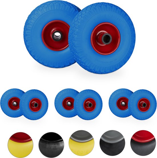 relaxdays 8 x roue de diable - jante acier - anti crevaison - axe 25 mm - 100 kg - bleu-rouge
