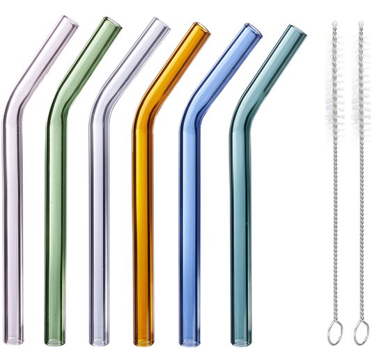glazen rietjes - 6 stuks - gebogen - herbruikbaar - 15 cm - met borstels - Ø 10 mm - gekleurd