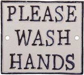 Clayre & Eef Tekstbord 11*10 cm Zwart, Wit Metaal Rechthoek Please Wash Hands Wandbord Quote Bord