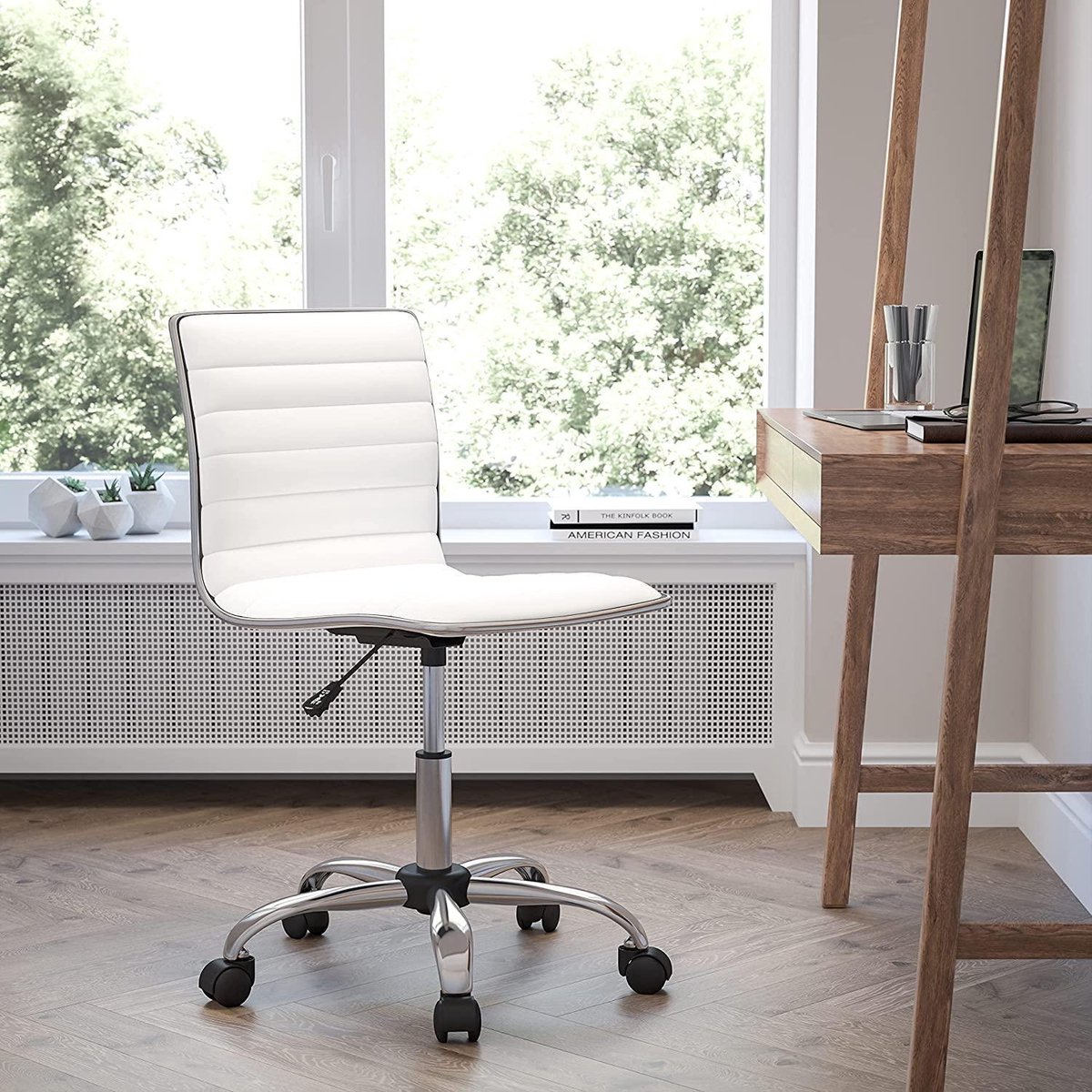 Bureaustoel Wit - Zinaps Designer Lage back office-stoel - bureaustoel zonder armen - geribbelde stoel met vinylvulling - Perfect voor thuiskantoor of kantoor - wit (WK 02130)