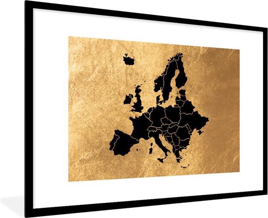 Fotolijst incl. Poster - Kaart Europa - Zwart - Goud - 120x80 cm - Posterlijst
