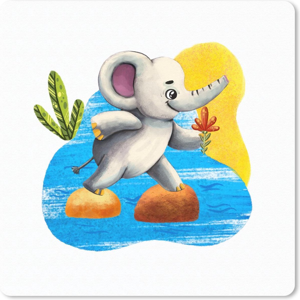 Muismat 20x20 cm - Mousepad Olifant - Bloemen - Water - Muismatten
