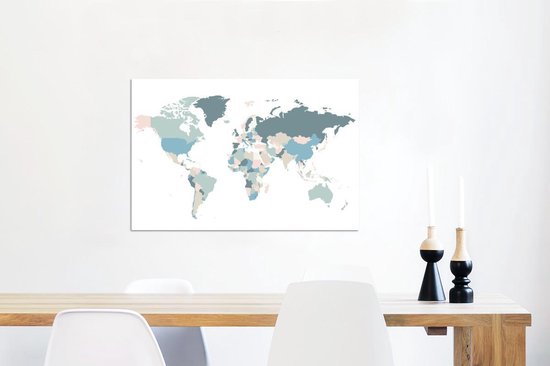 Décoration murale Métal - Peinture Aluminium - Carte du Wereldkaart - Simple - Pastel - 90x60 cm