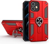 Koolstofvezelpatroon PC + TPU-beschermhoes met ringhouder voor iPhone 12 mini (rood)