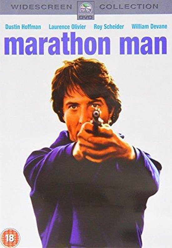 DVD-hoes van Marathon Man met Dustin Hoffman die een pistool vasthoudt.