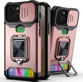 Sliding Camera Cover Design PC + TPU Shockproof Case met Ring Houder & Card Slot Voor iPhone 13 mini (Rose Gold)