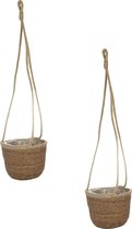 Set van 2x stuks hangende plantenpot/bloempot van jute/zeegras dia 17 cm en hoogte 14 cm camel bruin - Met binnenkant van plastic