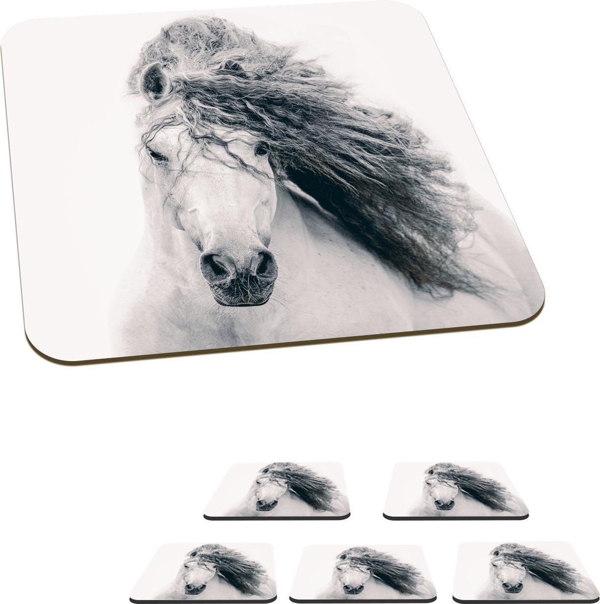 Onderzetters voor glazen - Paard - Wit - Haar - 10x10 cm - Glasonderzetters - 6 stuks