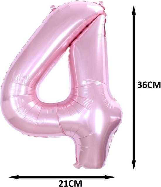 Roze cijfer 4 ballon, 36cm hoog, 21cm breed. Gemaakt van glanzend folie.