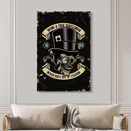 Toile Peinture Crâne - Chapeau - Rétro - Dessin - 120x180 cm - Décoration murale XXL