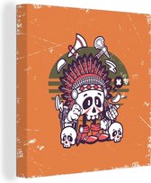 Canvas Schilderij Doodskop - Indianentooi - Retro - 90x90 cm - Wanddecoratie - Vaderdag cadeau - Geschenk - Cadeautje voor hem - Tip - Mannen