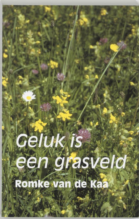 Boekcover met tekst "Geluk is een grasveld" tussen gele en paarse bloemen.
