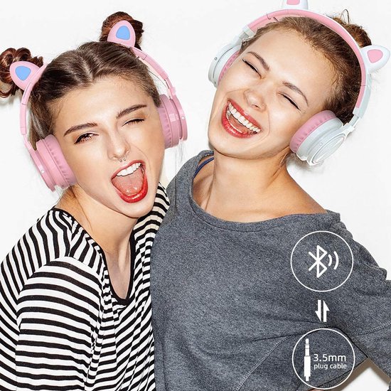 Lovnix Lucky Cat - Draadloze Bluetooth Kinderkoptelefoon - Over-Ear Koptelefoon voor Kinderen - Met Led Kat Oortjes - Roze