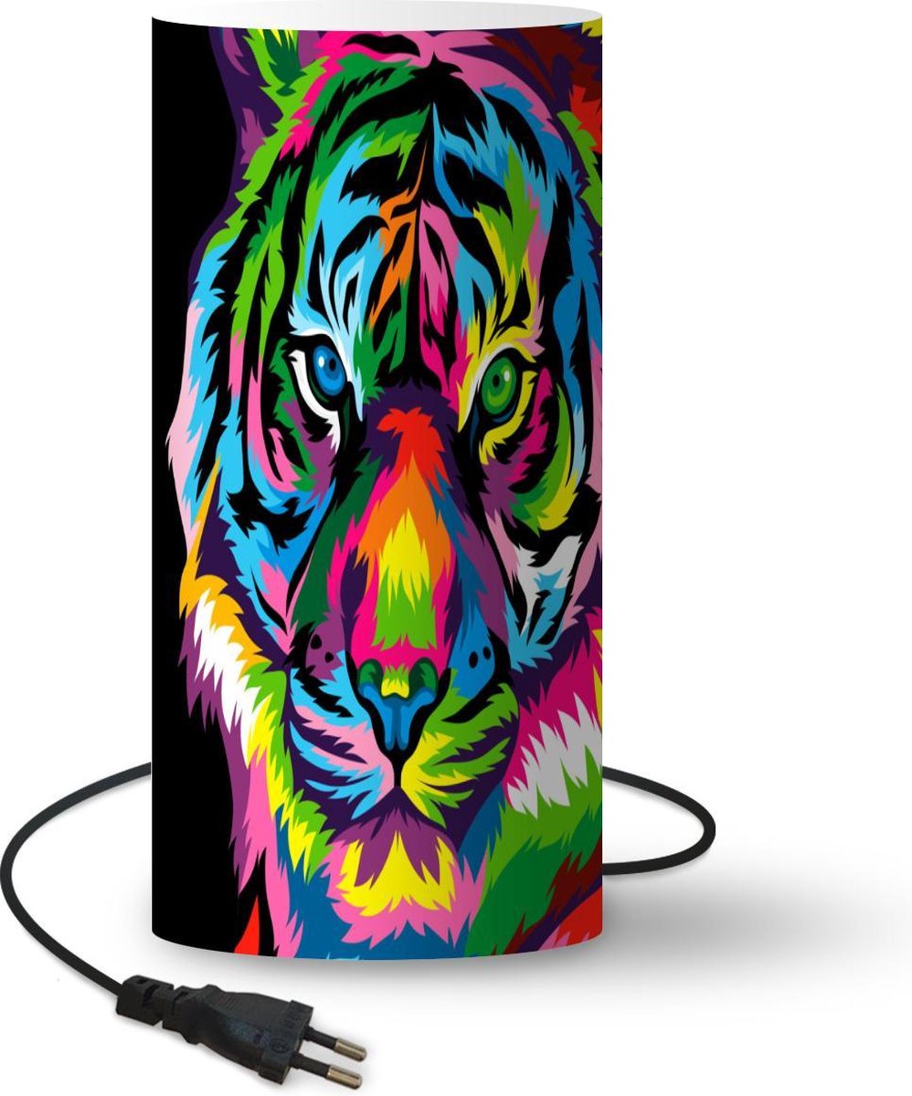 Lamp - Nachtlampje - Tafellamp slaapkamer - Tijger - Kop - Regenboog - 54 cm hoog - Ø24.8 cm - Inclusief LED lamp