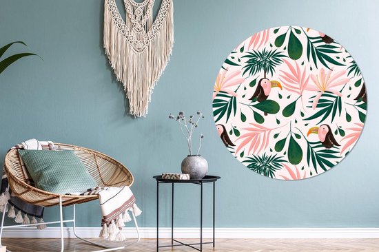 WallCircle - Cercle Mural - Cercle Mural - Toucan - Feuilles - Rose - Aluminium - Dibond - 120x120 cm - Intérieur et Extérieur XXL