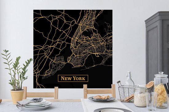 Muurstickers - Sticker Folie - Kaart - New York - Goud - Zwart - 120x120 cm - Plakfolie - Muurstickers Kinderkamer - Zelfklevend Behang XXL - Zelfklevend behangpapier - Stickerfolie