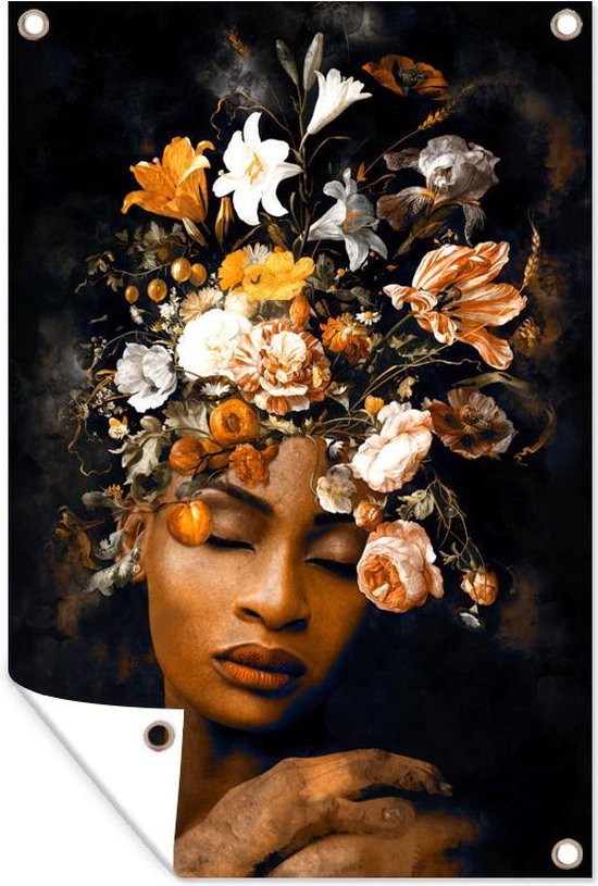 Tuinposters buiten Bloemen - Vrouw - Goud - 60x90 cm - Tuindoek - Buitenposter