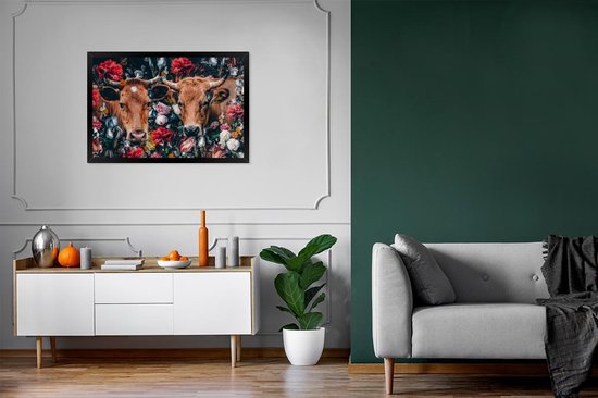 Fotolijst incl. Poster - Koe - Bloemen - Dieren - Portret - 90x60 cm - Posterlijst