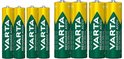 Set van acht Varta Recharge Accu Solar batterijen, vier AAA en vier AA.